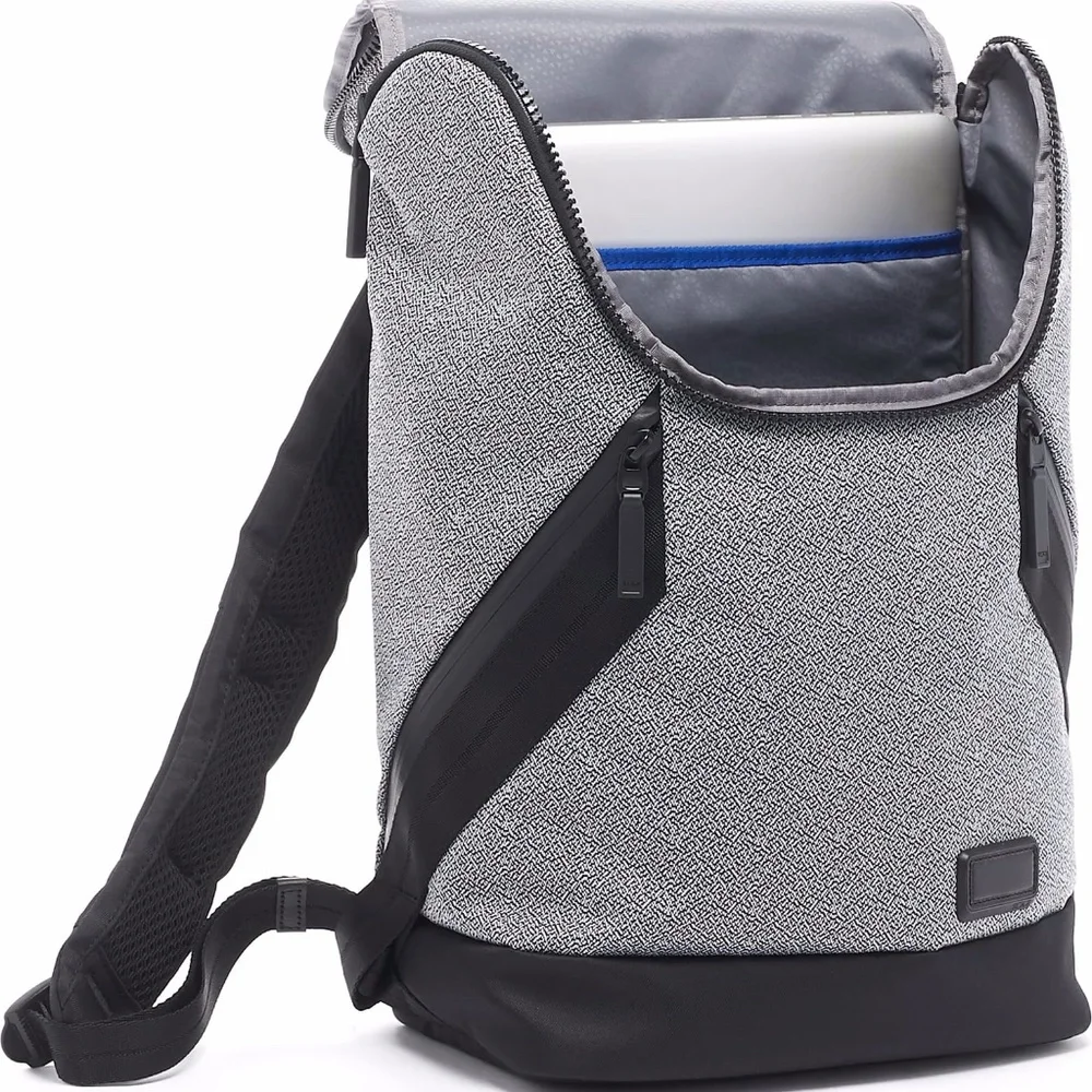 Tumi Gray & Black Textured Backpack with Blue Accent Strap